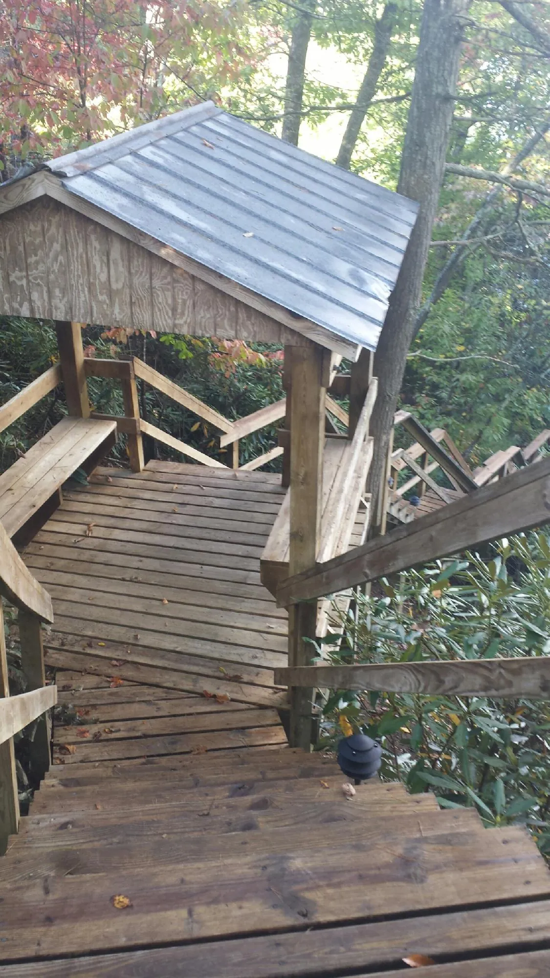 Metal roofed shelter over wooden steps on a wooded walkway — Skylight Repair & Installation work by our crew in Surgoinsville